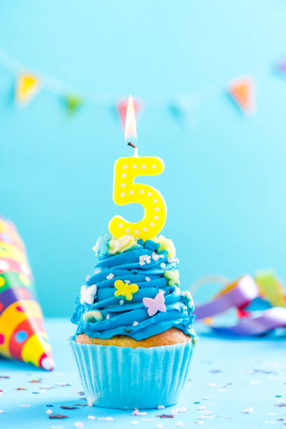 istock Fifth 5th birthday cupcake with candle. Card mockup. 884879818