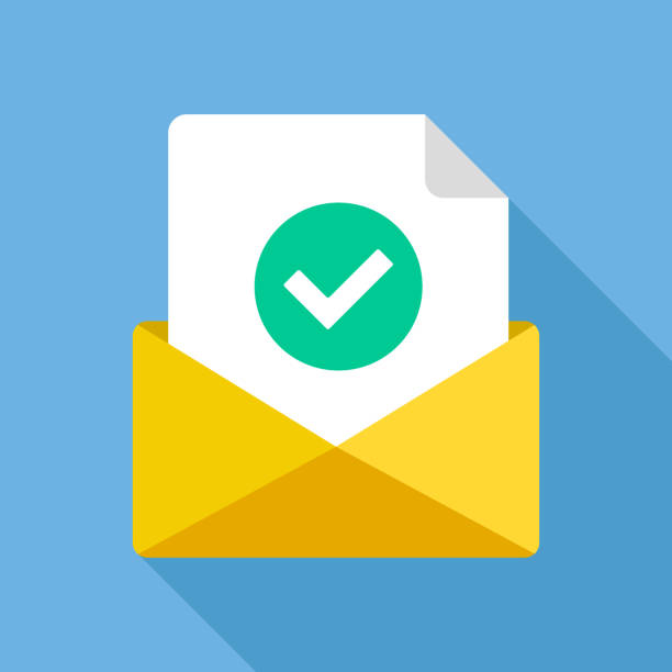 Envelope with document and round green check mark icon. Successful e-mail delivery, email delivery confirmation, notification, subscription confirmed, successful verification concepts. Modern flat design vector icon Envelope with document and round green check mark icon. Successful e-mail delivery, email delivery confirmation, notification, subscription confirmed, successful verification concepts. Modern flat design vector icon email subscription stock illustrations