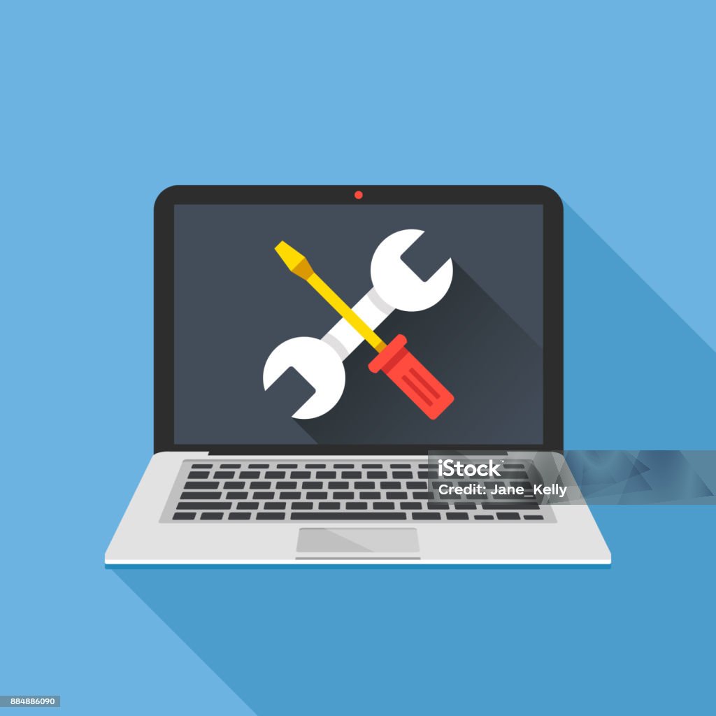 Laptop with wrench and screwdriver on screen. Computer repair service, maintenance, technical support. Flat design. Vector illustration Repairing stock vector