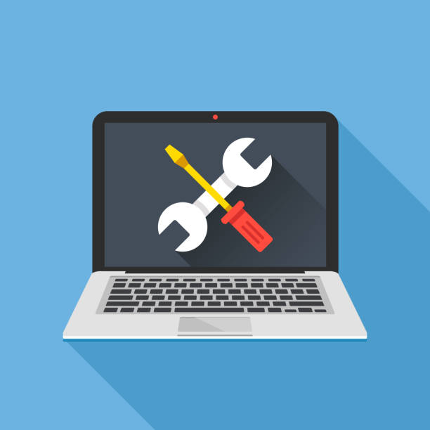 Laptop with wrench and screwdriver on screen. Computer repair service, maintenance, technical support. Flat design. Vector illustration Laptop with wrench and screwdriver on screen. Computer repair service, maintenance, technical support. Flat design. Vector illustration adjusting stock illustrations