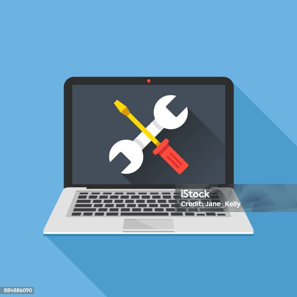 Laptop With Wrench And Screwdriver On Screen Computer Repair Service Maintenance Technical Support Flat Design Vector Illustration Stock Illustration - Download Image Now