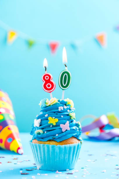 istock Eightieth 80th birthday cupcake with candle. Card mockup. 884886392