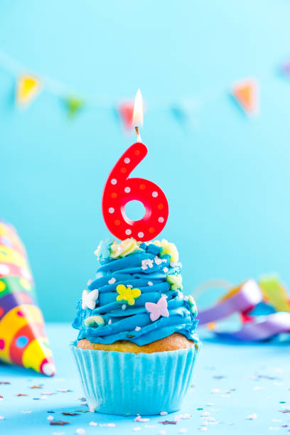 istock Sixth 6th birthday cupcake with candle. Card mockup. 884888108