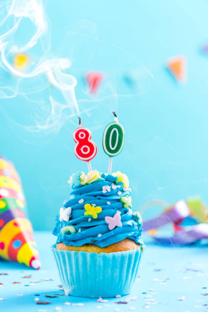 istock Eightieth 80th birthday cupcake with candle blow out.Card mockup. 884893298