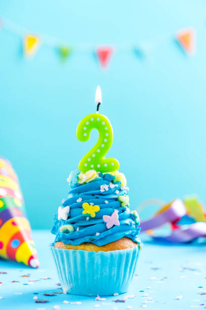 istock Second 2nd birthday cupcake with candle. Card mockup. 884893480