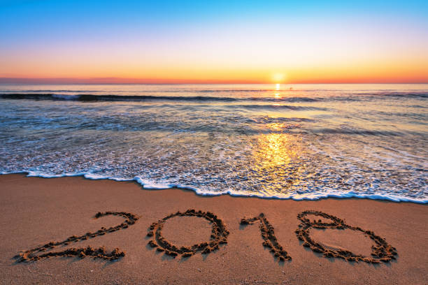 istock New Year 2018 is coming concept. 2018 written on sandy beach 884903316