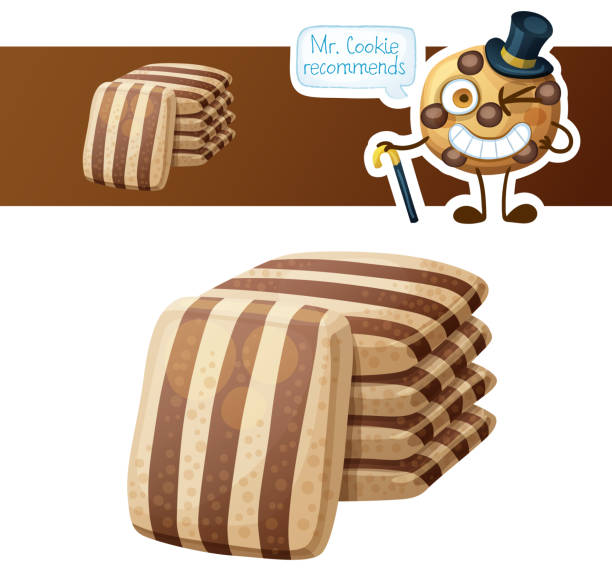ilustrações de stock, clip art, desenhos animados e ícones de striped chocolate cookies and cute funny cookie character. cartoon vector illustration isolated on white background. series of food and drink and ingredients for cooking. - white background stack heap food and drink