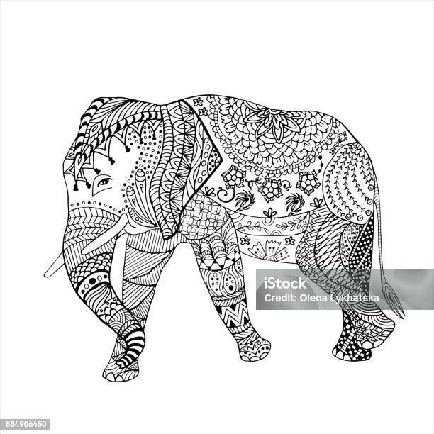 Elephant Hand Drawn Doodle Graghic Stock Illustration - Download Image Now - Pattern, Elephant, Mandala