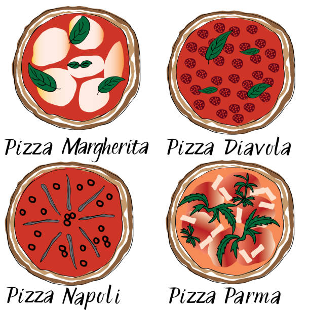 피자는 손으로 그린 낙서 graghic 설정 - pizza illustration and painting italian cuisine salami stock illustrations