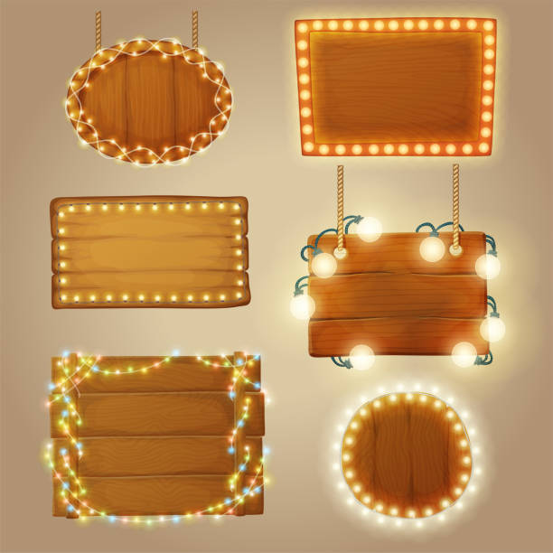 istock Set of wooden banners with decorative light garlands. Cartoon vector illustration 884909738