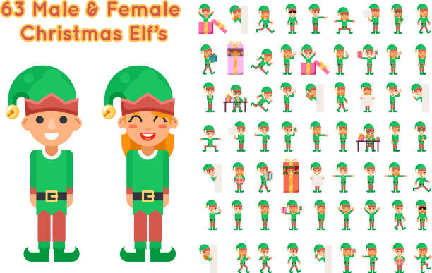 Boy And Girl Elf Characters Christmas Santa Claus Helper in Different Poses and Actions Teen Icons Set New Year Gift Holiday Flat Design Vector Illustration Boy And Girl Elf Characters Christmas Santa Claus Helper in Different Poses Actions Teen Icons Set New Year Gift Holiday Flat Design Vector Illustration santa claus elf assistance christmas stock illustrations