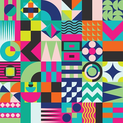 Contemporary geometric mosaic seamless pattern with a vibrant color scheme, repeat background with rich and modern shapes, surface pattern design for web and print