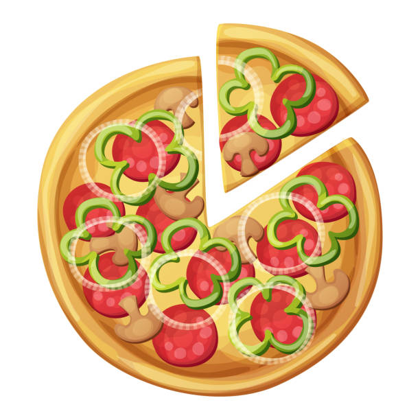 피자 최고 볼 수 있습니다. 녹색 달콤한 고추, 소시지 - pizza illustration and painting italian cuisine salami stock illustrations
