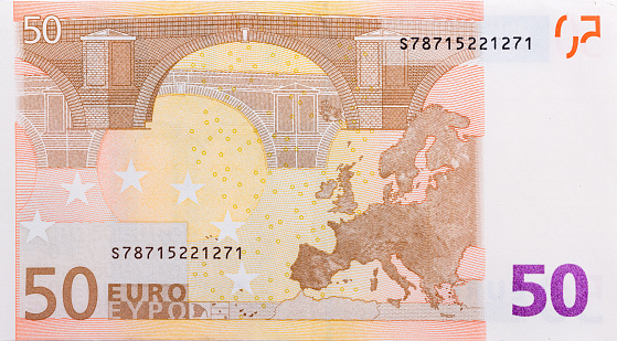 Close up of back side of euro banknote. High resolution photo.