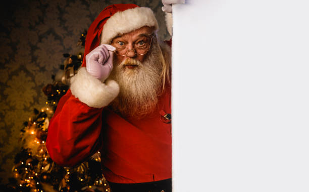 istock Santa Claus pointing on blank banner 884944640