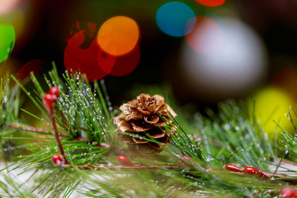 Christmas ornaments on old wooden table branch of a Christmas tree with a cone light bokeh