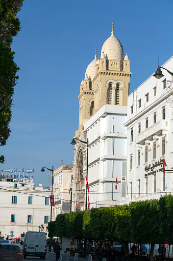 Tunis, Tunisia - December 27, 2016: Exterior view of the Cathedral of St. Vincent Paul in Habib Bourguiba Street, Tunis, Tunisia.