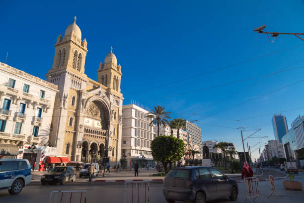 Tunis, Tunisia - December 27, 2016: Exterior view of the Cathedral of St. Vincent Paul in Habib Bourguiba Street, Tunis, Tunisia.