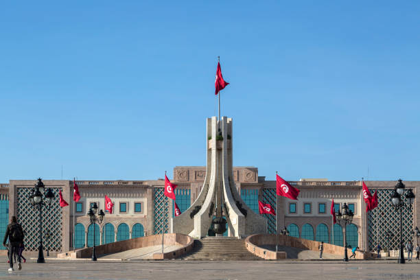 Tunis, Tunisia - December 27, 2016: Public square of Tunis, national monument and city hall, Tunisia.