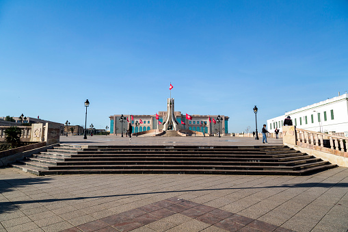 Tunis, Tunisia - December 27, 2016: Public square of Tunis, national monument and city hall, Tunisia.