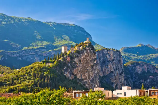 Arco castle ruins on cliffs above Garda lake, Trentino Alto Adige region of Italy