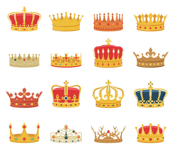 ilustraciones, imágenes clip art, dibujos animados e iconos de stock de conjunto de coronas aisladas sobre fondo blanco - crown king queen gold