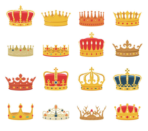 ilustrações de stock, clip art, desenhos animados e ícones de set of crowns isolated on white background - crown king queen gold