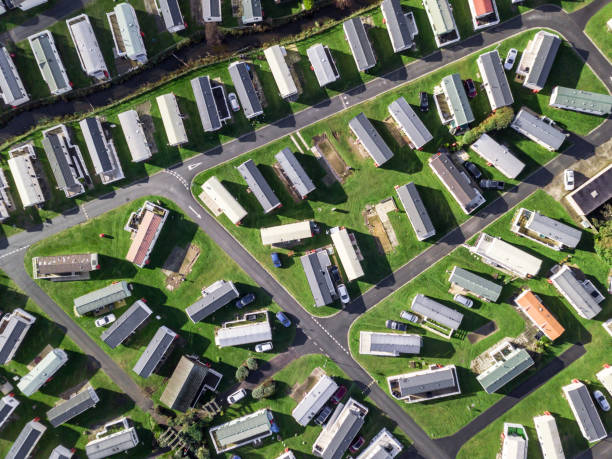 istock Caravan and camping, static home aerial view 885070242