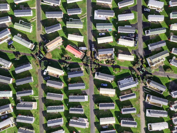 istock Caravan and camping, static home aerial view 885074858