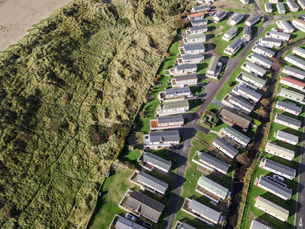 istock Caravan and camping, static home aerial view 885075498