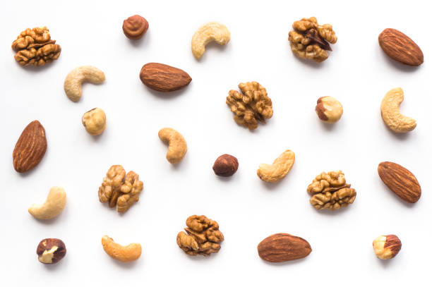 Walnut, cashew, almond and hazelnut on white background.