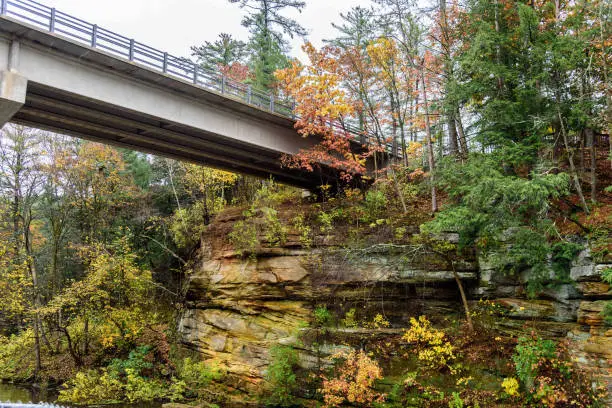Brilliant fall colors and bridge over sandstone bluffs in Wisconsin Dells
