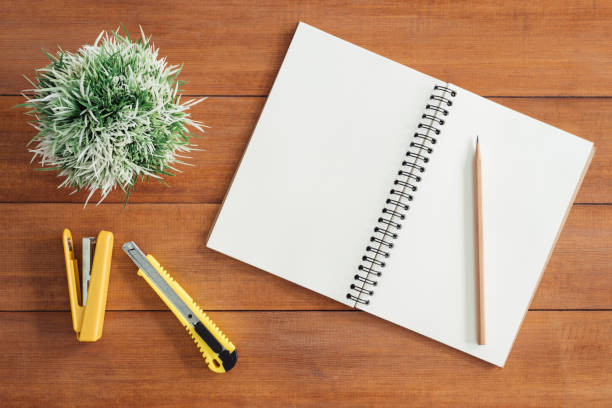 istock Minimal work space - Creative flat lay photo of workspace desk. Office desk wooden table background with open mock up notebooks and pens and plant. Top view with copy space, flat lay photography. 885117402