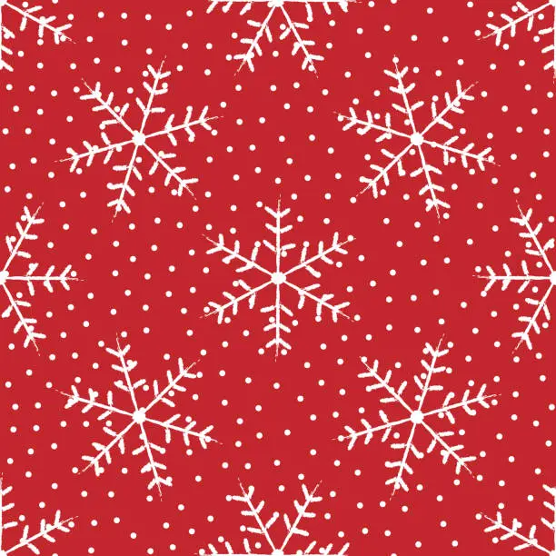 Vector illustration of Winter seamless pattern with snowflakes drawn by hand. Grunge, sketch, watercolor. White snow on red background.