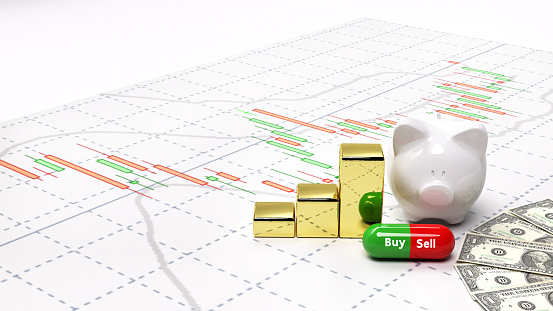 buy or sell candlestick graph stock market gold stock exchange graph and financial investor money background investment and money chart indicator copy space minimal concept 3D illustration