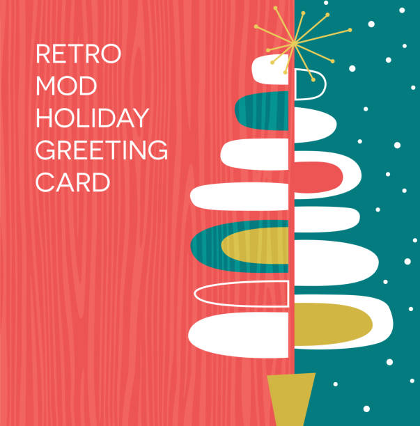 Holiday greeting card or invitation with retro abstract Christmas tree design. Space for your text. Holiday greeting card or invitation with retro abstract Christmas tree design. Space for your text. mod stock illustrations