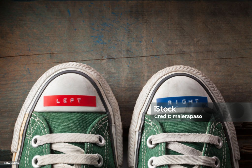 Right and left sneakers Right and left shoes. Dyslexia Stock Photo