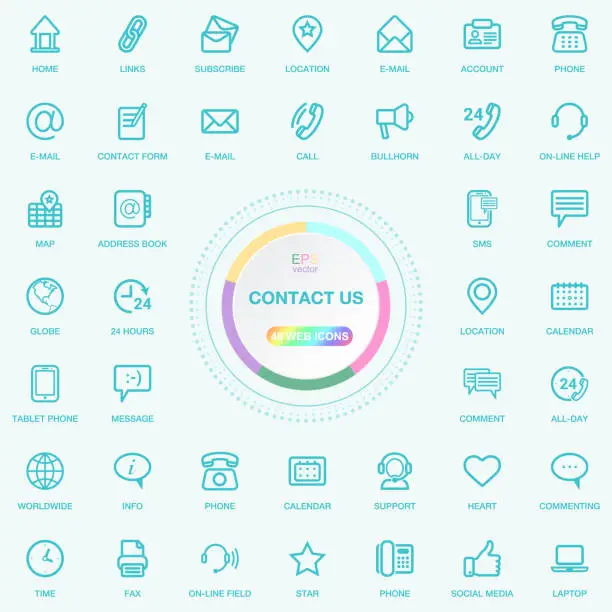 Vector illustration of Universal Web And Internet Contact Us Line Icons Set. Web, Blog And Social Media Buttons. Vector Illusitration Isolated On Background