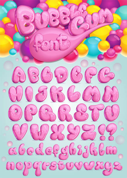 Font Bubble gum Vector set of pink cartoon letters. Illustration of sweet bubble symbols alphabet inflating stock illustrations