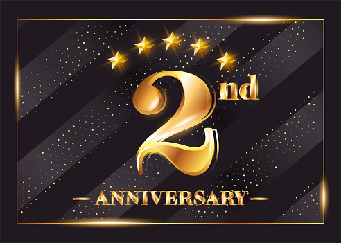 2 Year Anniversary Celebration Vector Logo. 2nd Anniversary Gold Icon with Stars and Frame. Luxury Shiny Design for Greeting Card, Invitation, Congratulation Card. Isolated on Black Background.