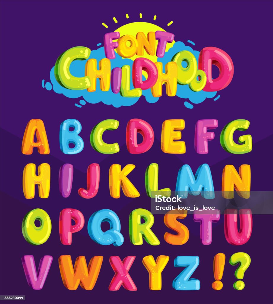 Children's font in the cartoon style of "childhood." Set of multicolored bright letters for inscriptions. Vector illustration of an alphabet. Child stock vector