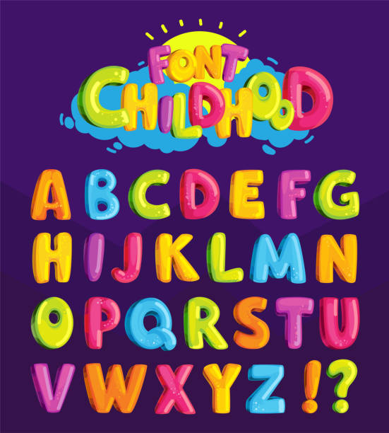 Children's font in the cartoon style of "childhood." Set of multicolored bright letters for inscriptions. Vector illustration of an alphabet. child stock illustrations