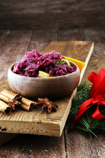 istock Red Cabbage salad with orange and pecan nuts for Christmas dinner. Vegetarian dish. 885240248