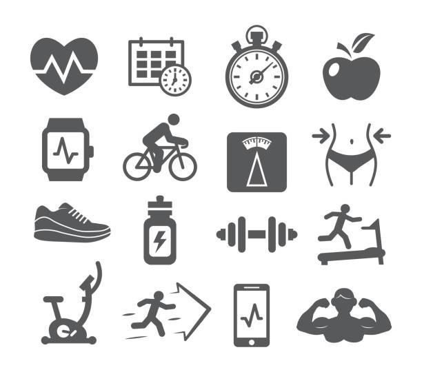 fitness- und gymnastikraum symbole - weights dieting apple healthy eating stock-grafiken, -clipart, -cartoons und -symbole