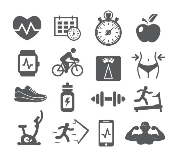 illustrazioni stock, clip art, cartoni animati e icone di tendenza di icone di fitness e palestra - icon set healthy