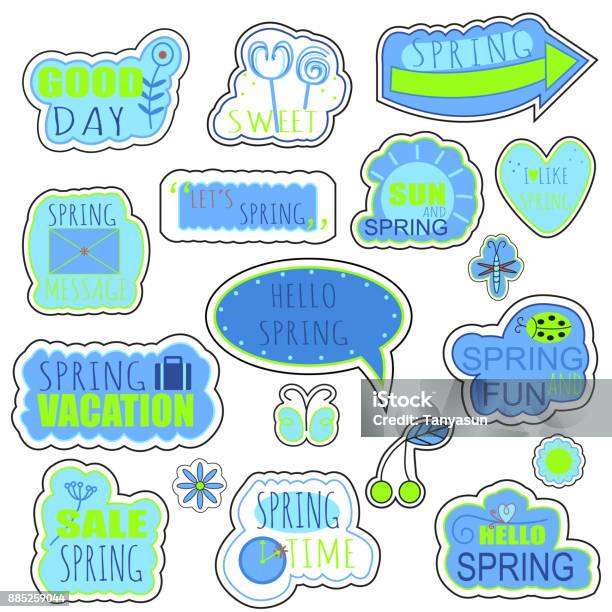 Spring Lettering Stickers Set Of Spring Stickers Badges With Text Insects And Floral Elements ...