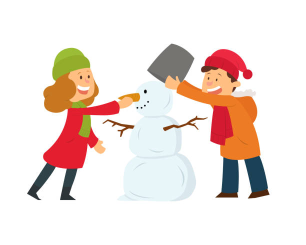 девочка и мальчик, играющие в зимних играх лепить снеговика. - carrot baby carrot food backgrounds stock illustrations