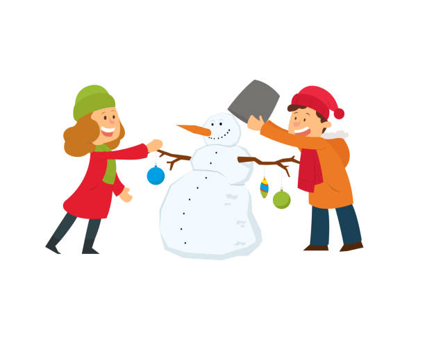 девочка и мальчик, играющие в зимних играх лепить снеговика. - carrot baby carrot food backgrounds stock illustrations