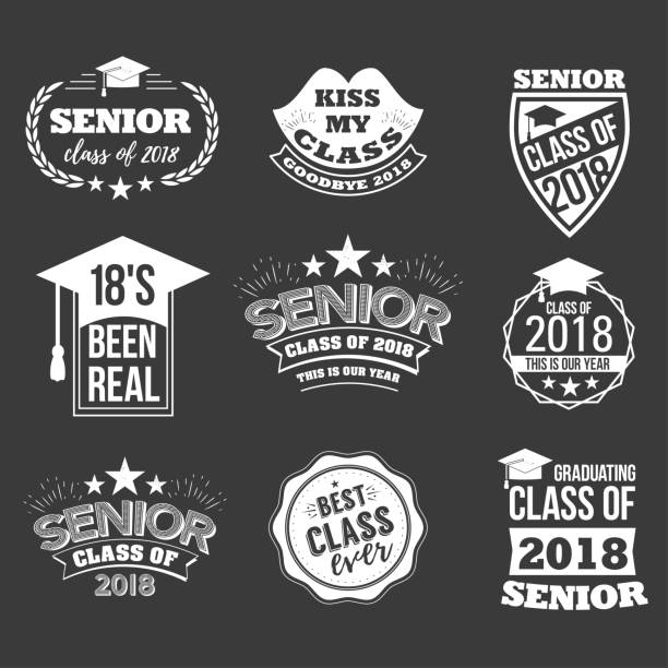 badges and cute funny labels for graduating senior class 2018 Collection of  badges and cute funny labels for graduating senior class 2018, in white isolated against black background, design for the graduation party for university or college students prom fashion stock illustrations