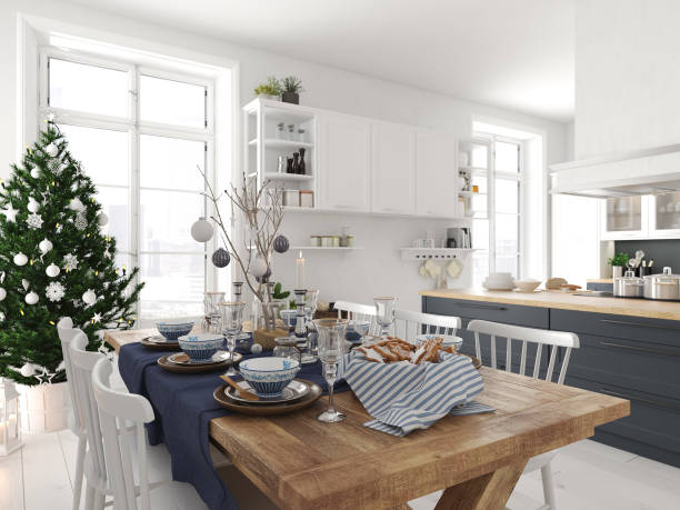 istock nordic kitchen with christmas decoration. 3d rendering 885304528